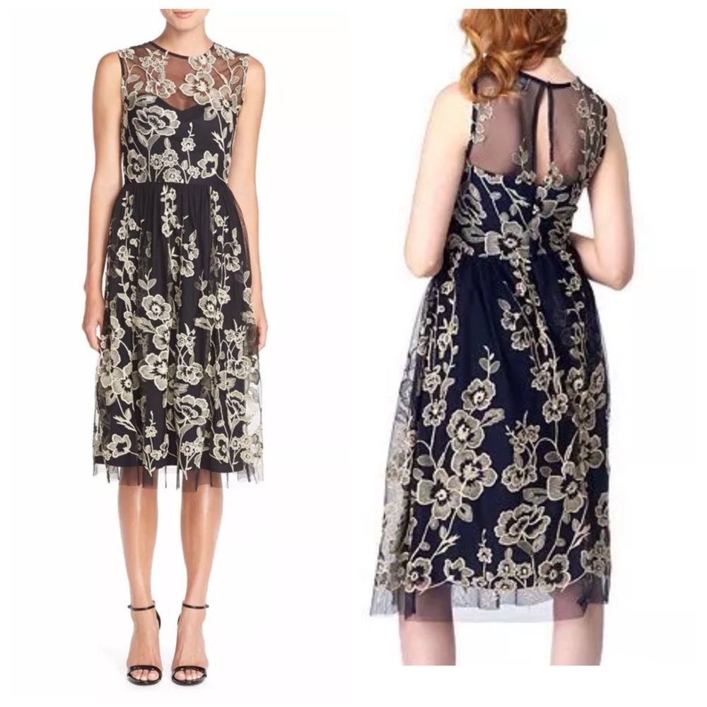 ✅NWT Beige by eci Black Taupe-Gold Embroidered Mesh Cocktail Social Dress 6 $130